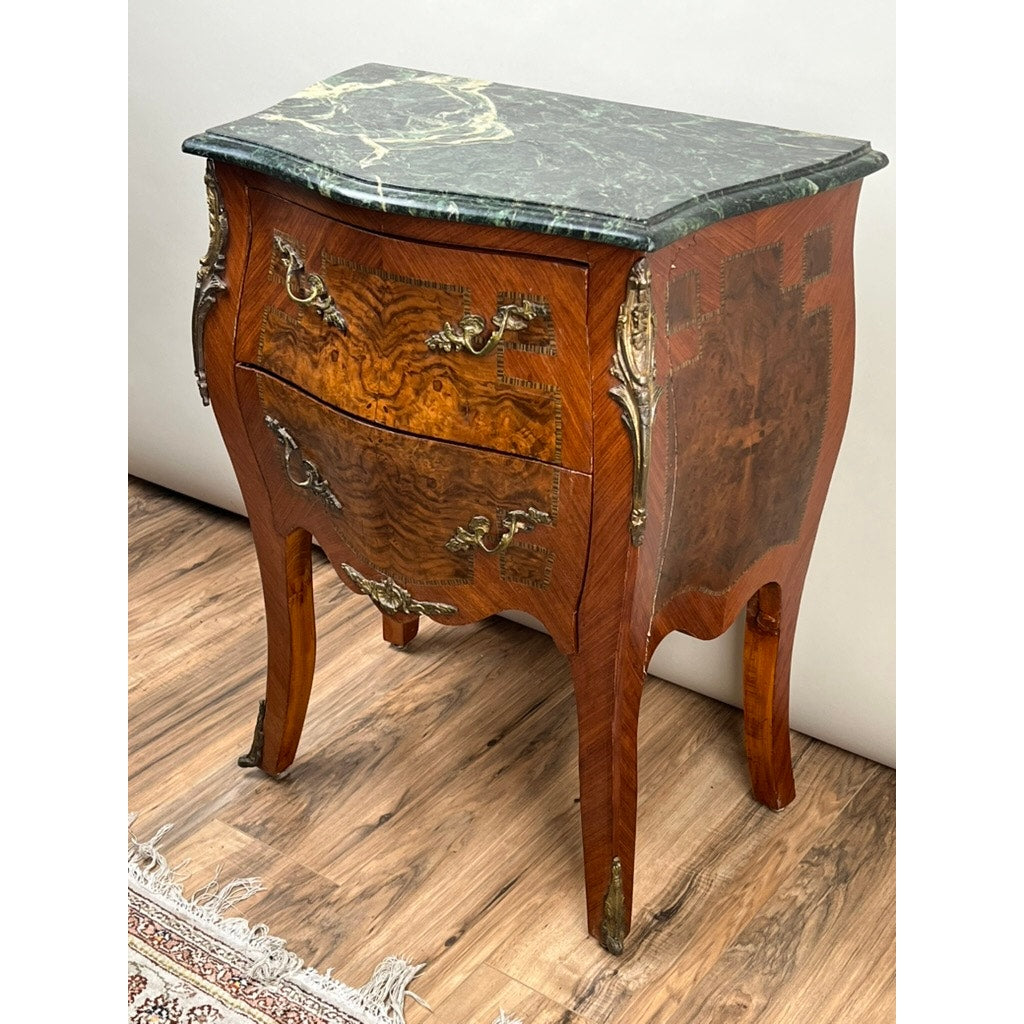 Small Vintage Mahogany Louis XVI Style Two Drawer Bombe Marble Top Commode c. 1940
