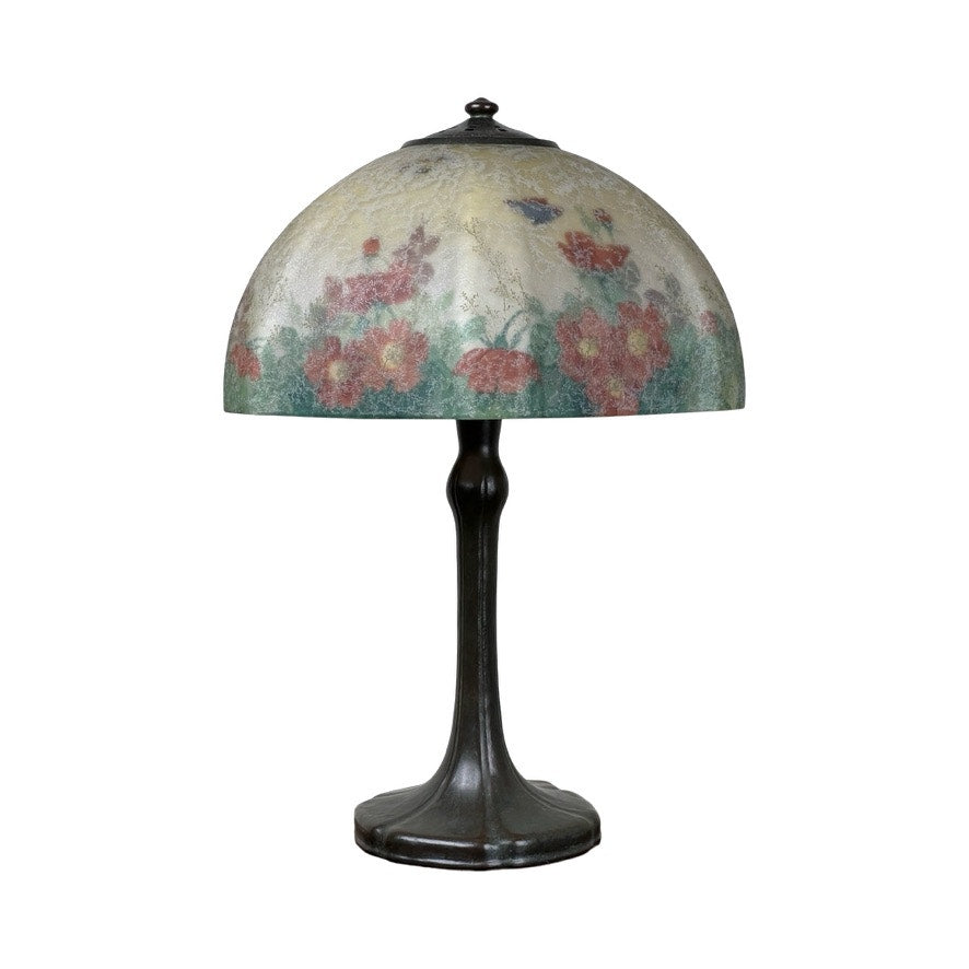 Antique Handel Reverse Painted Table Lamp with Flowers and Butterflies c. Early 20th Century