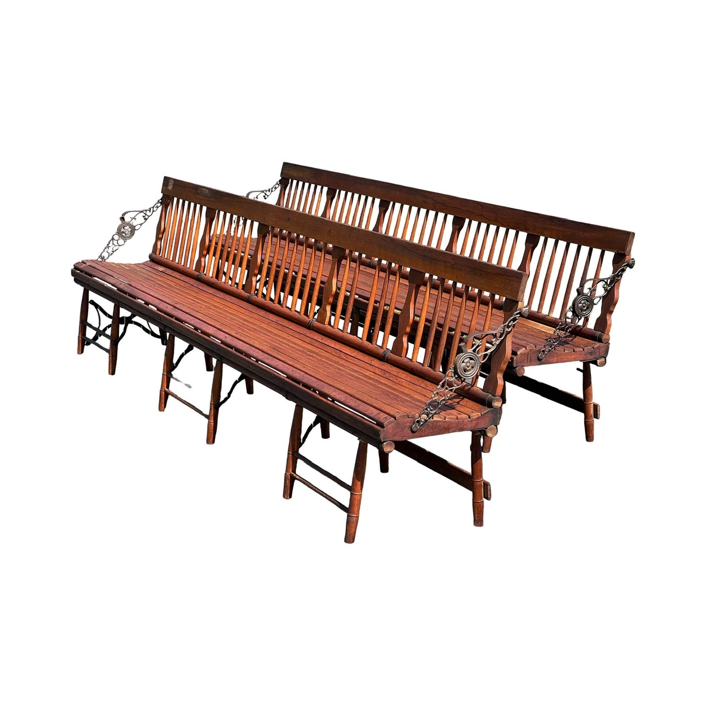 Pair Antique Chestnut Folding Railroad Benches c. Late 19th Century