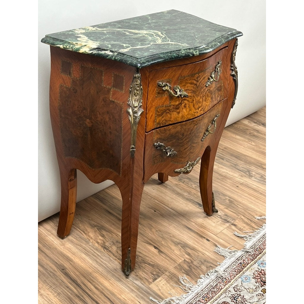Small Vintage Mahogany Louis XVI Style Two Drawer Bombe Marble Top Commode c. 1940