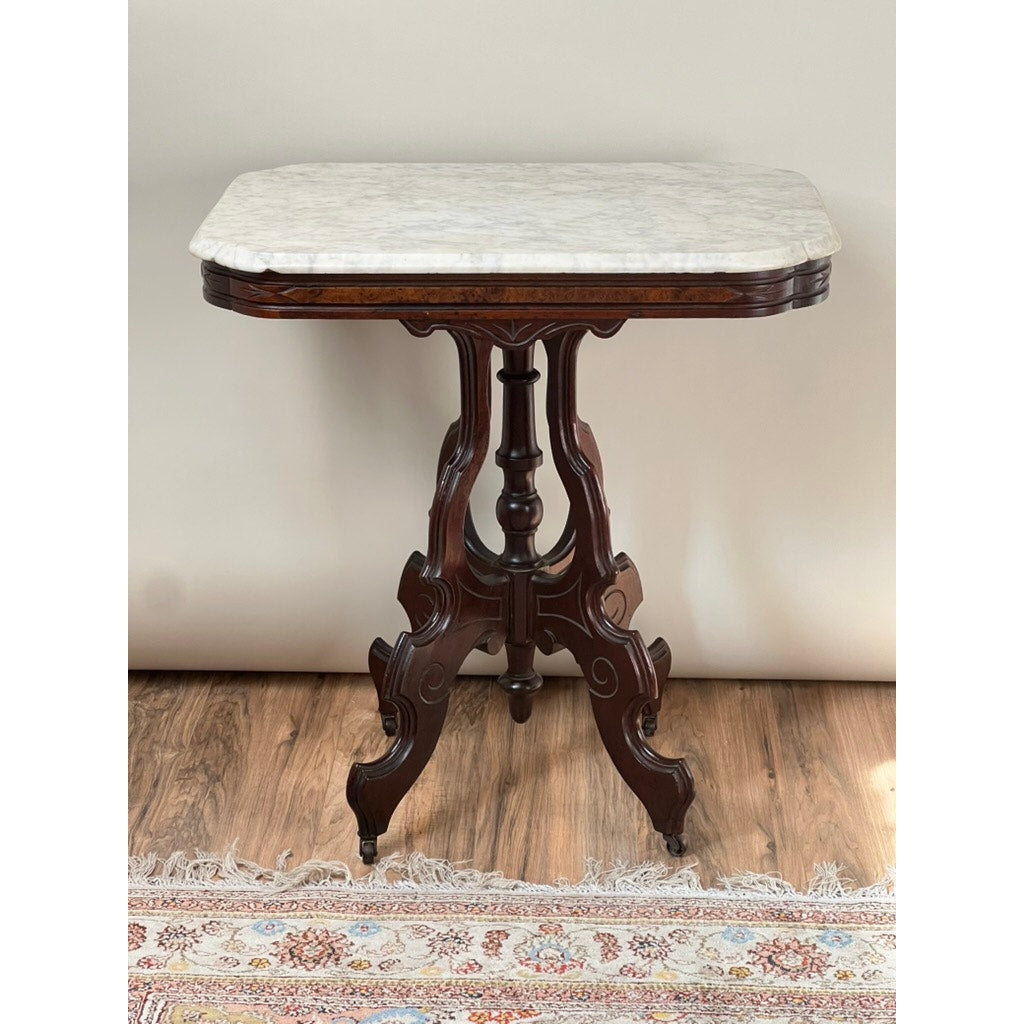 Antique Victorian Black Walnut Rococo Revival Marble Top Table c. 1860
