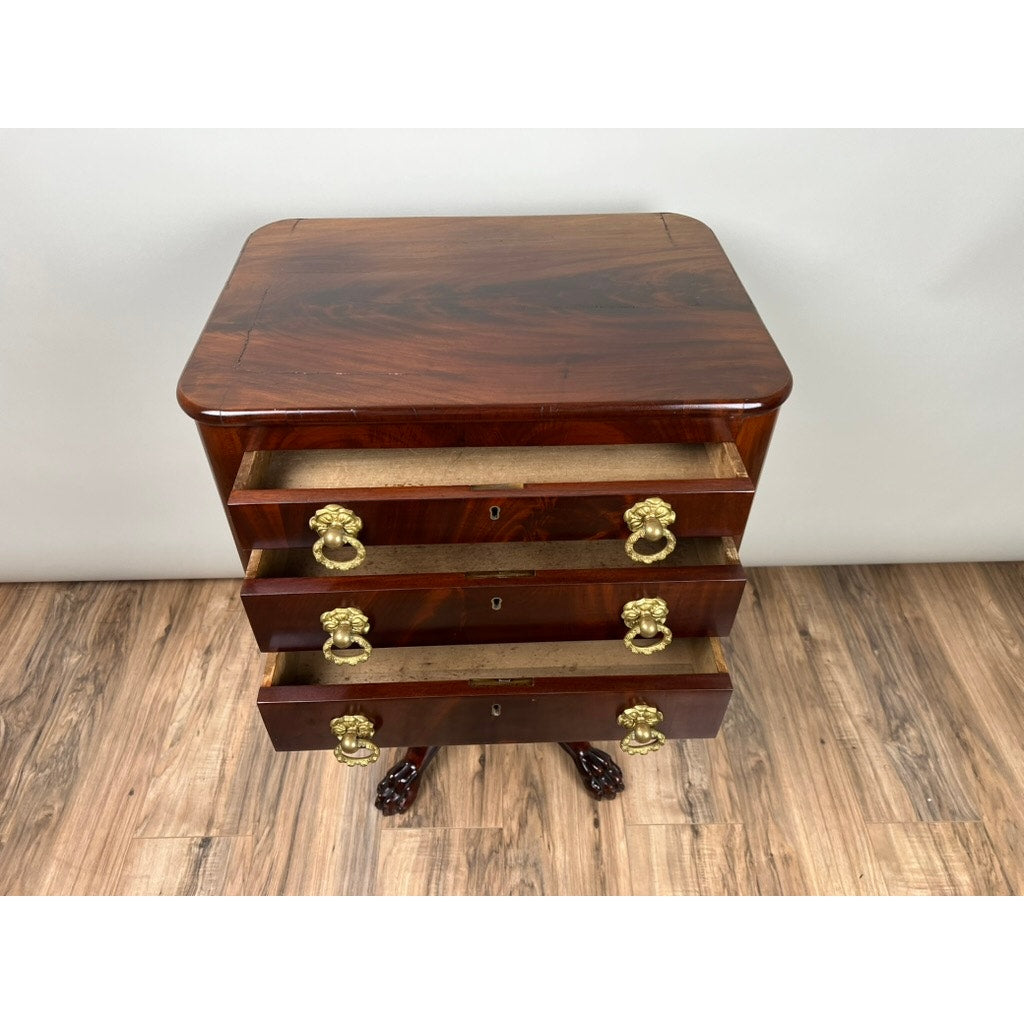 Antique Federal Period Mahogany Three Drawer Stand with Embossed Brass Pulls c. 1820