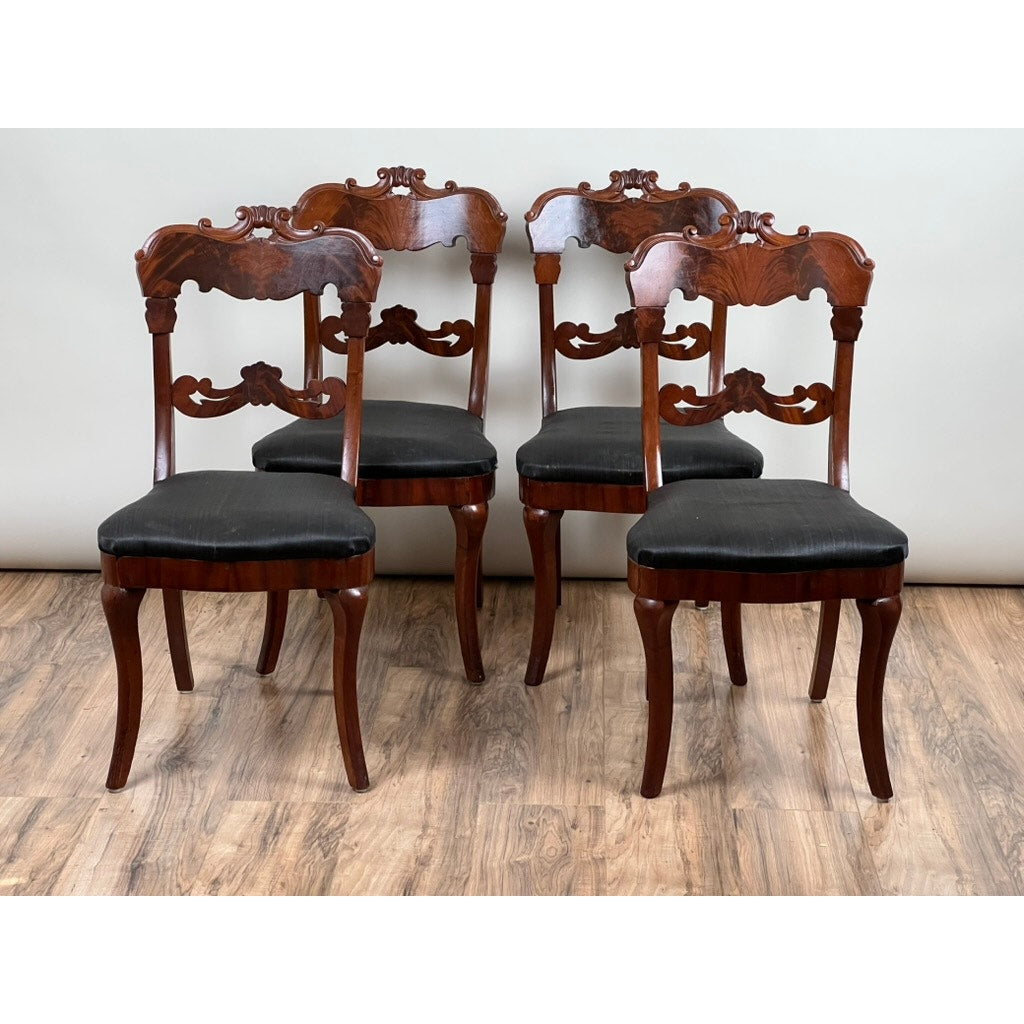 Antique Suite of Four Empire Flame Mahogany Saber Leg Chairs c. 1840 Signed by the Maker