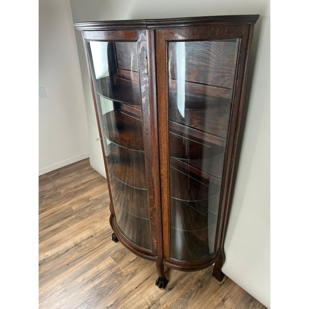 Antique Victorian Tiger Oak Paw Foot China Cabinet c. 1900