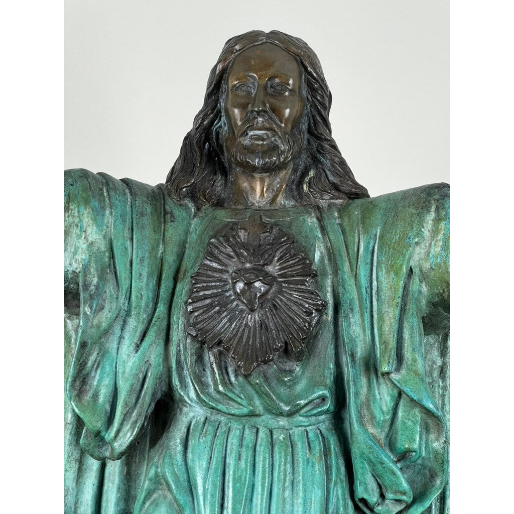 Vintage Patinated Bronze Sculpture “Sacred Heart” signed P. Duvois 27"h
