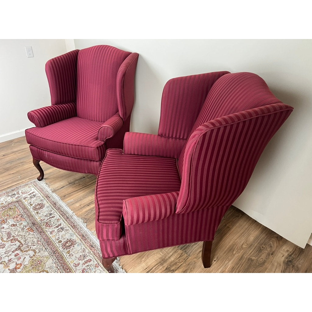 Vintage Pair Burgandy Wing Back Chairs by Hamilton House