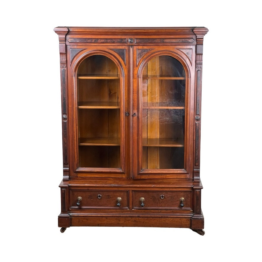 Antique Victorian Walnut and Burl Glass Door Bookcase c. 1900