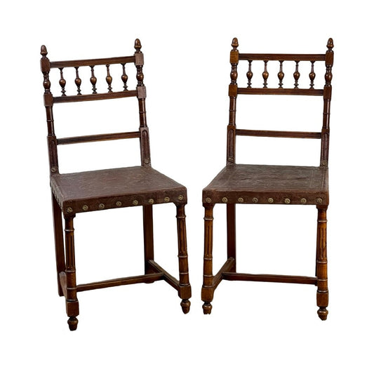 Antique Pair Neo-Baroque Italian Leather Seat Side Chairs c. Early 20th Century
