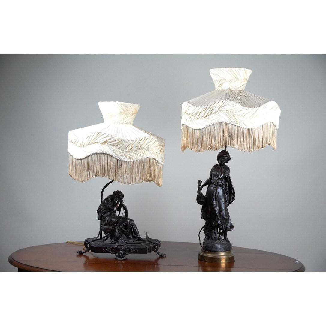 Vintage Pair of Art Nouveau Bronze Finish Figural Lamps c. 1920