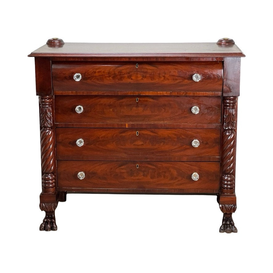 Antique Late Federal Period Flame Mahogany Paw Foot Four Drawer Chest c. 1840
