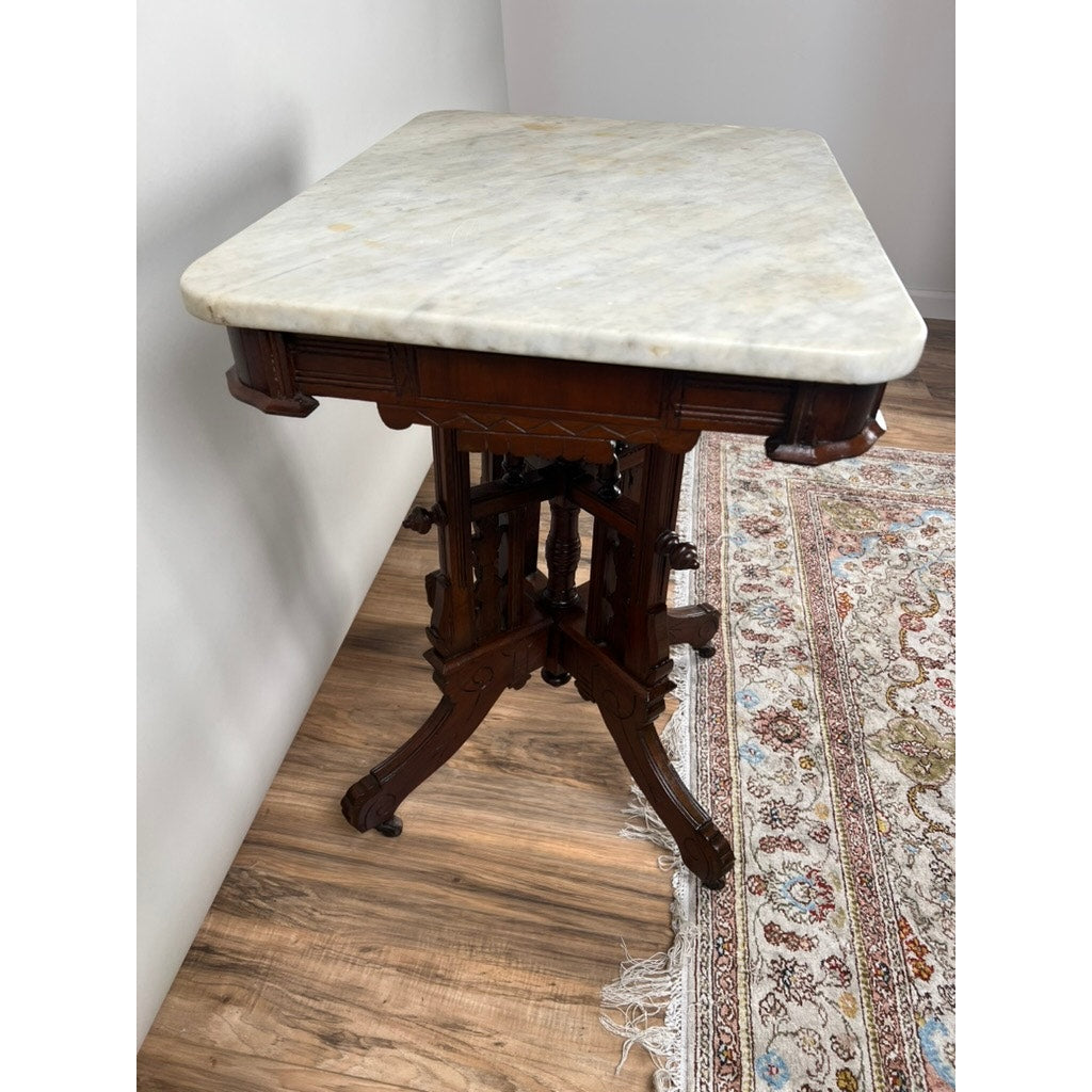 Antique Walnut Eastlake Victorian Tetrapod Marble Top Table c. 1880
