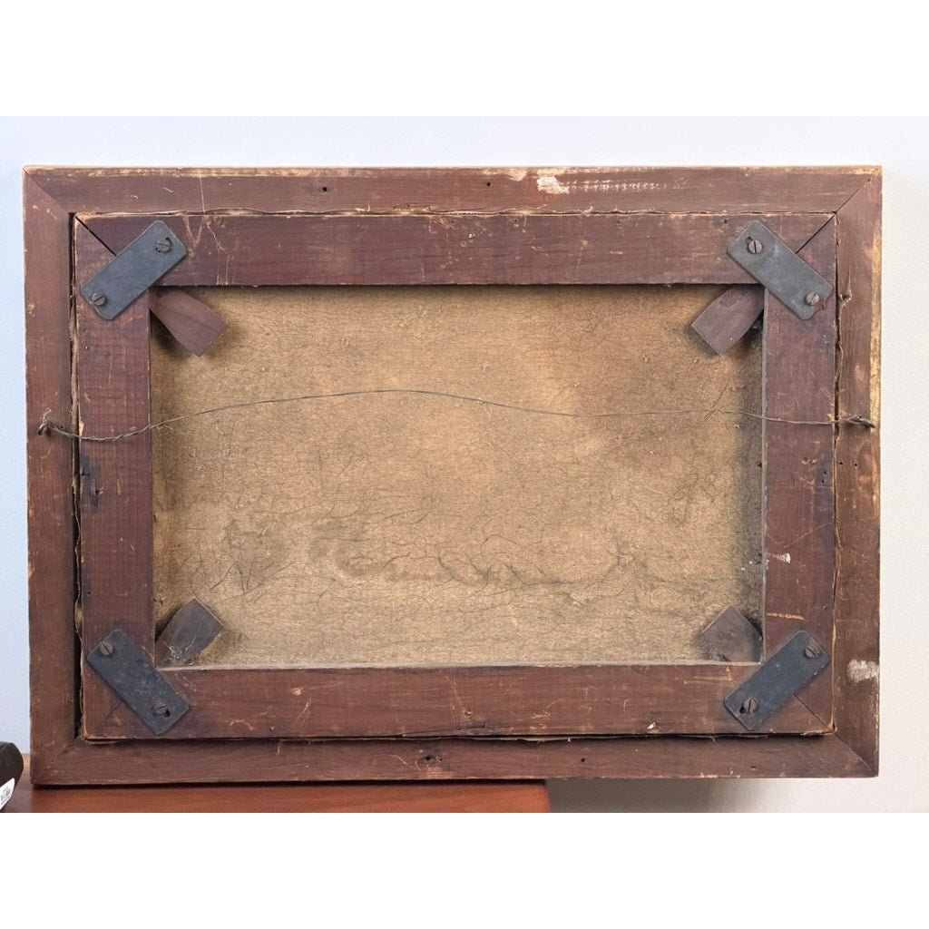 The back of the 19th Century American Folk Art Adirondack or New England Resort Hotel Oil Painting by Pearl City Antiques, featuring a wooden frame with metal brackets at each corner and a hanging wire stretched across. The canvas surface is aged and textured, reflecting the typical characteristics of 19th-century American folk art.