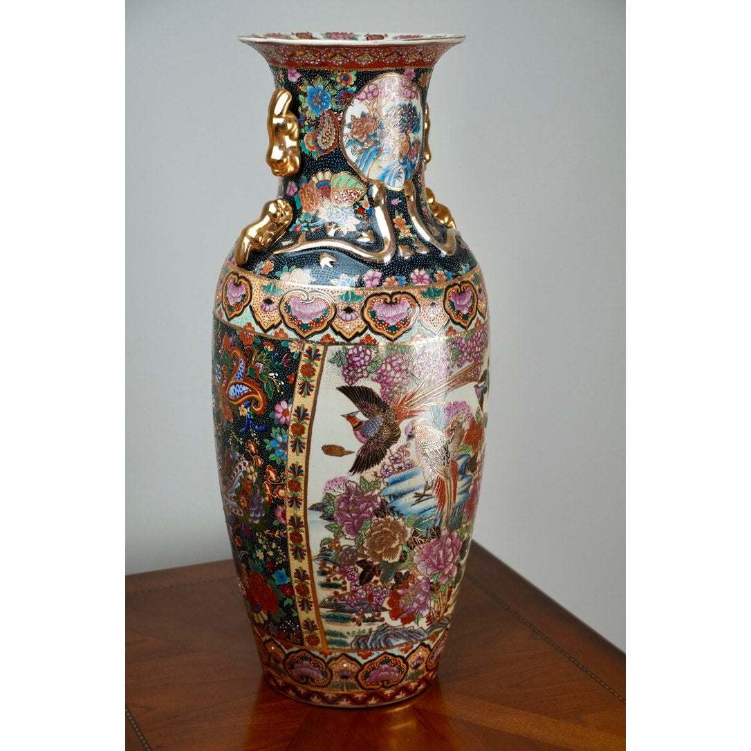 Antique Japanese Satsuma Style 24” Porcelain Vase c. Early 20th Century