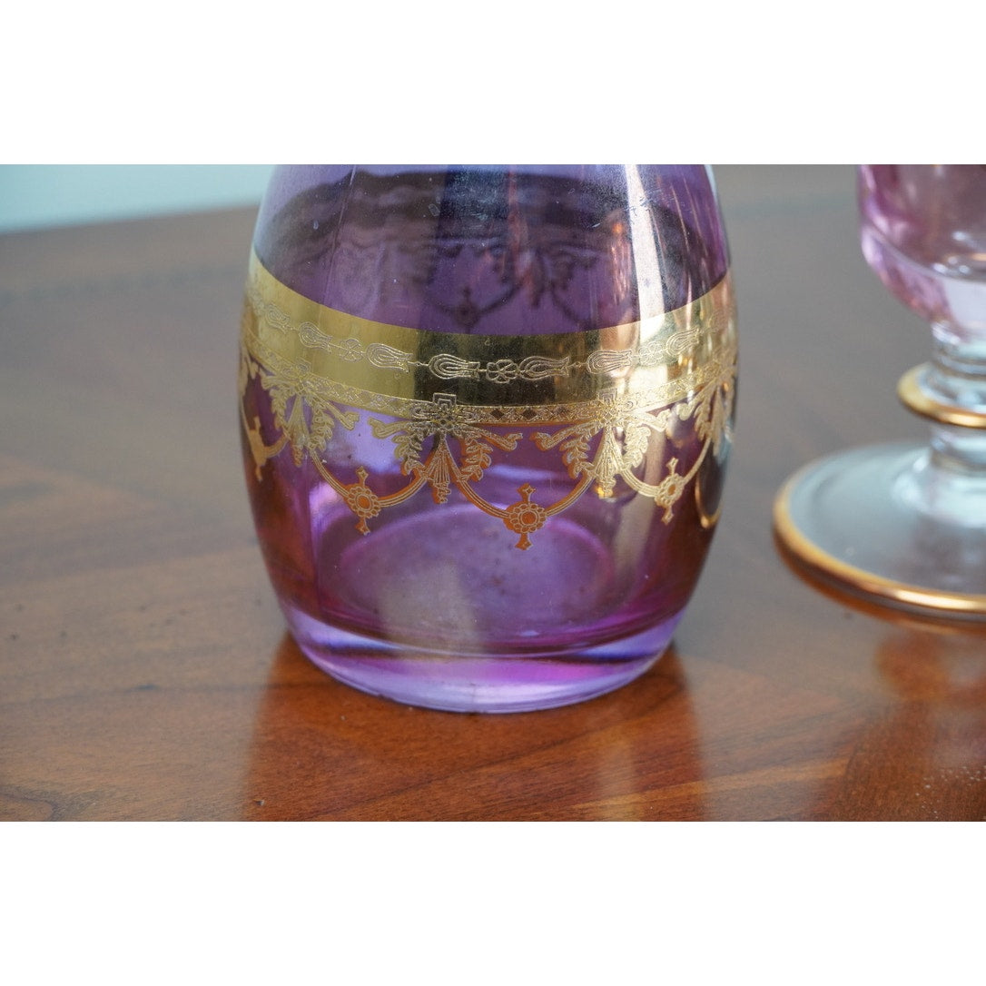 Vintage Six Piece Italian Amethyst Glass Decanter Set with 22k Gold Accents c. 1960
