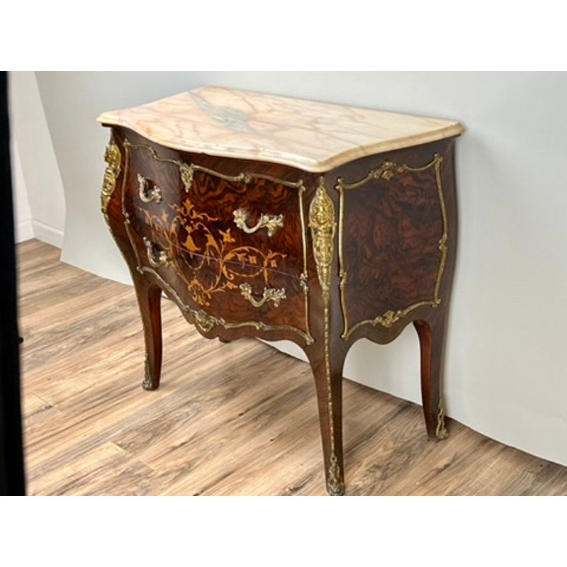 Vintage Louis XV Style Ormolu Mounted Rosewood and Pink Marble Commode