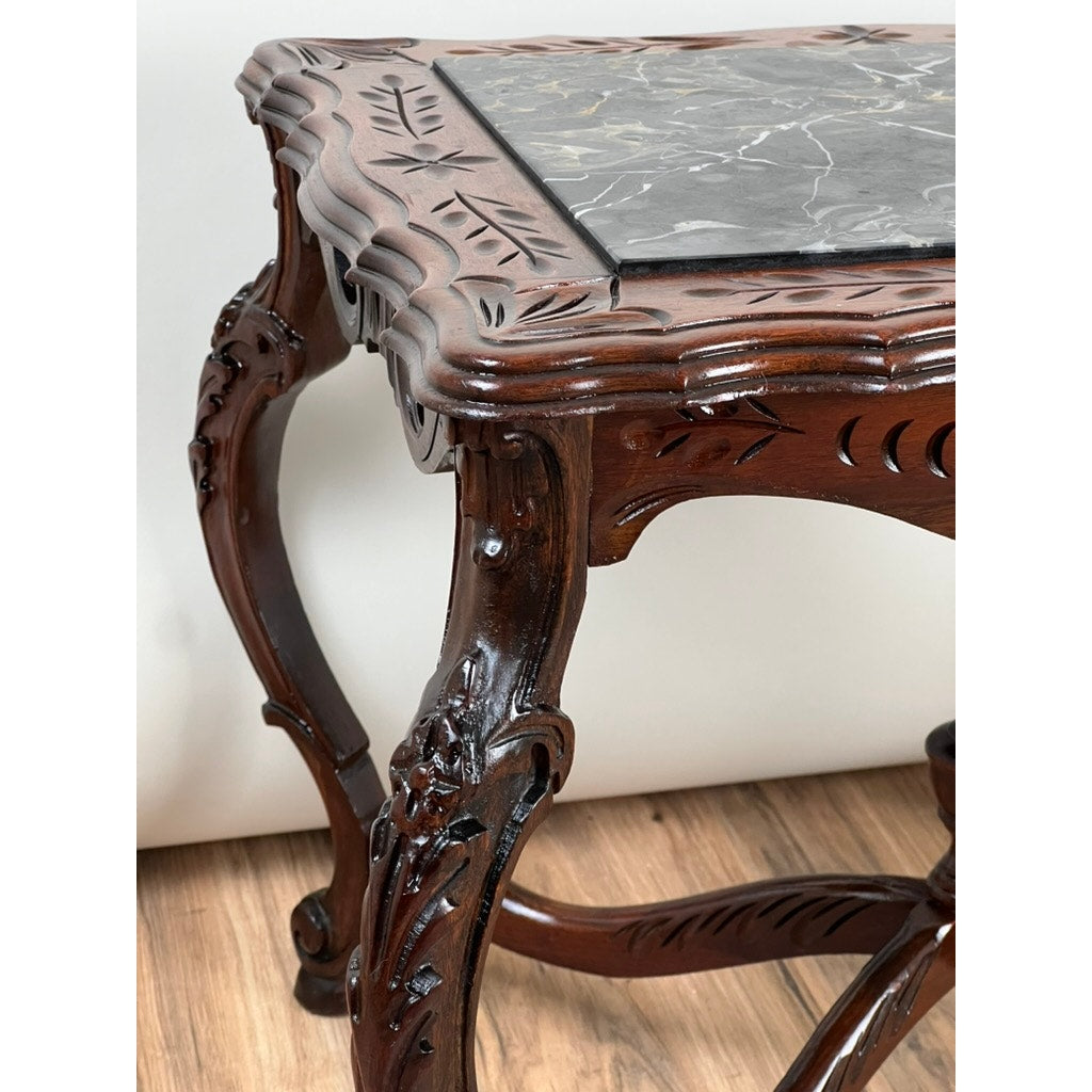 Antique French Louis XV Black Marble Top Stand with X Stretcher c. late 19th C.