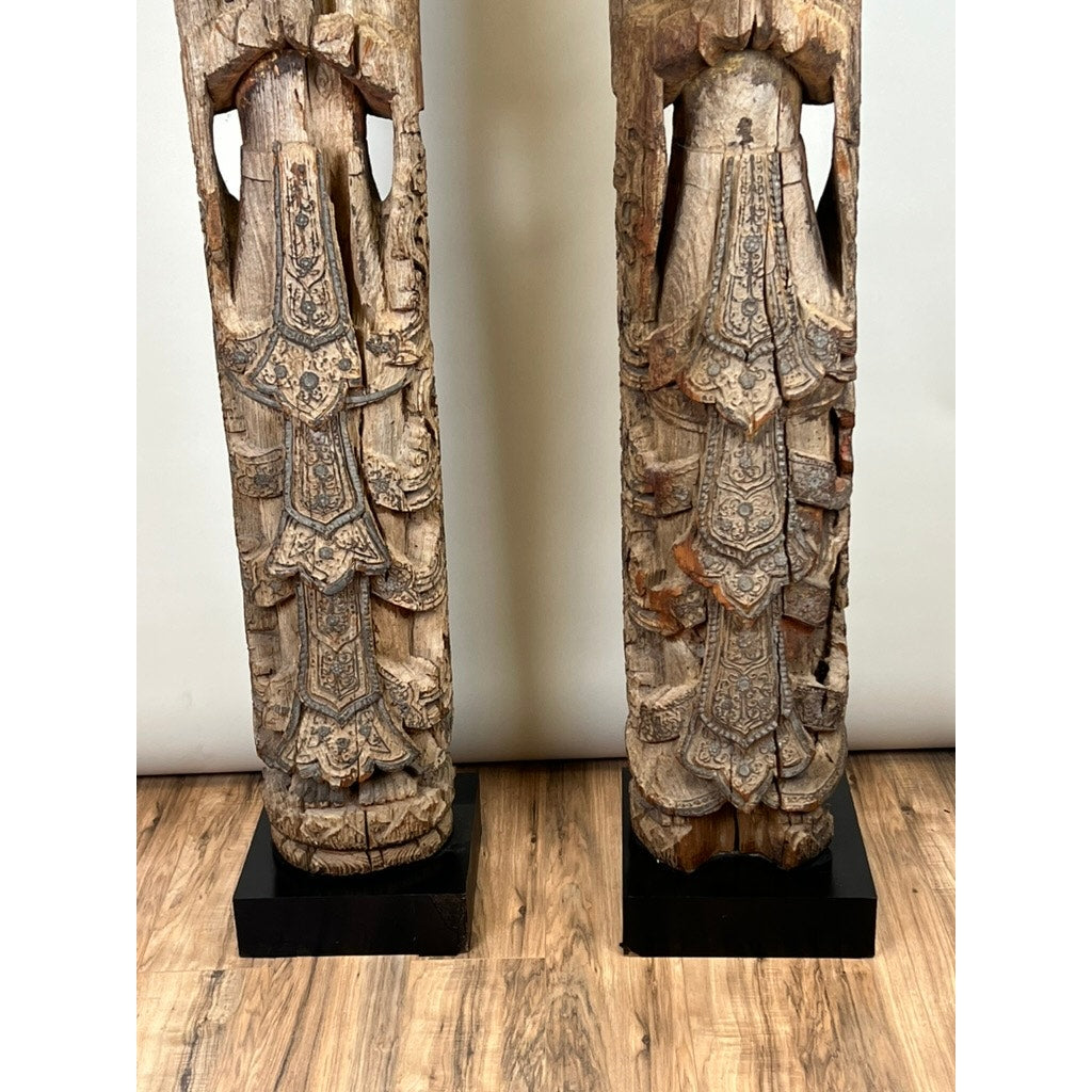 Antique Burmese Teak Monastic Attendants or Guardian Angels c. 19th Century