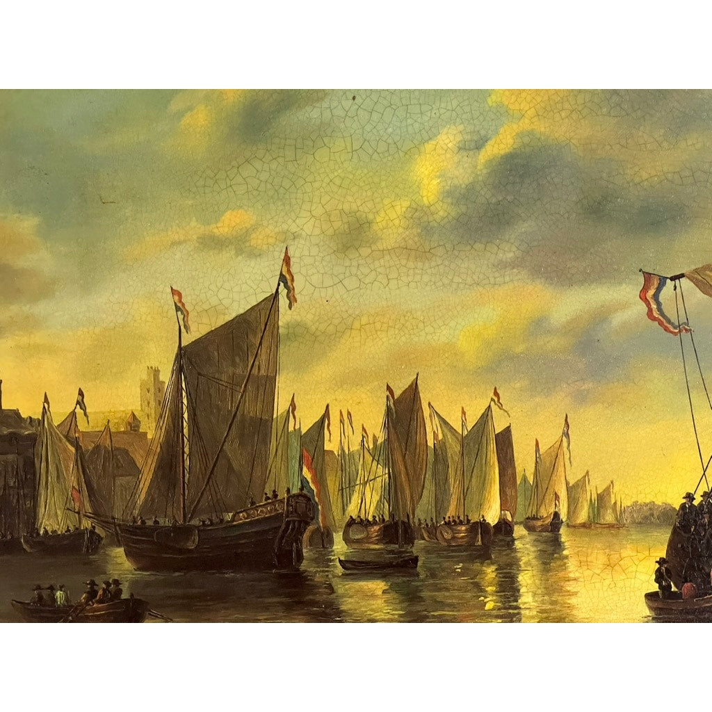 Vintage Oil on Board of French Harbor Scene Signed Fandent