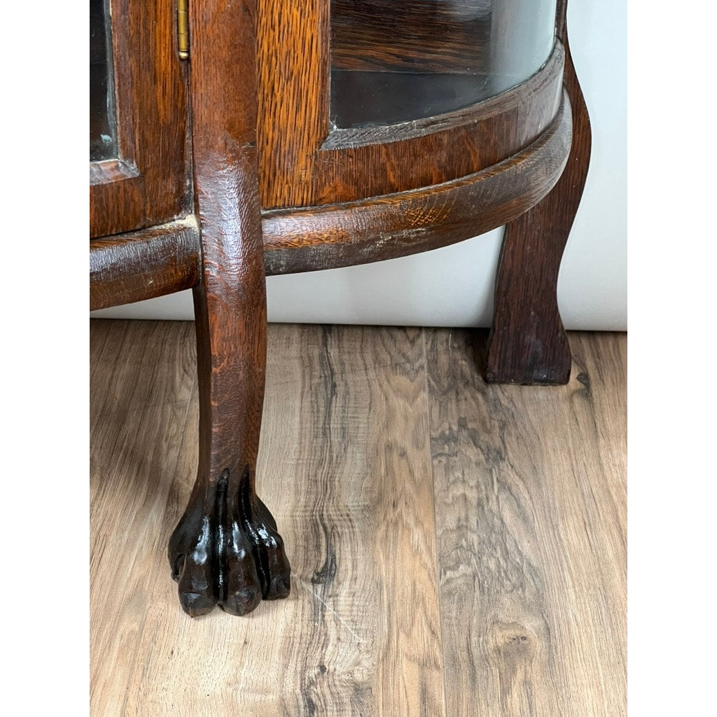 Antique Victorian Tiger Oak Paw Foot China Cabinet c. 1900