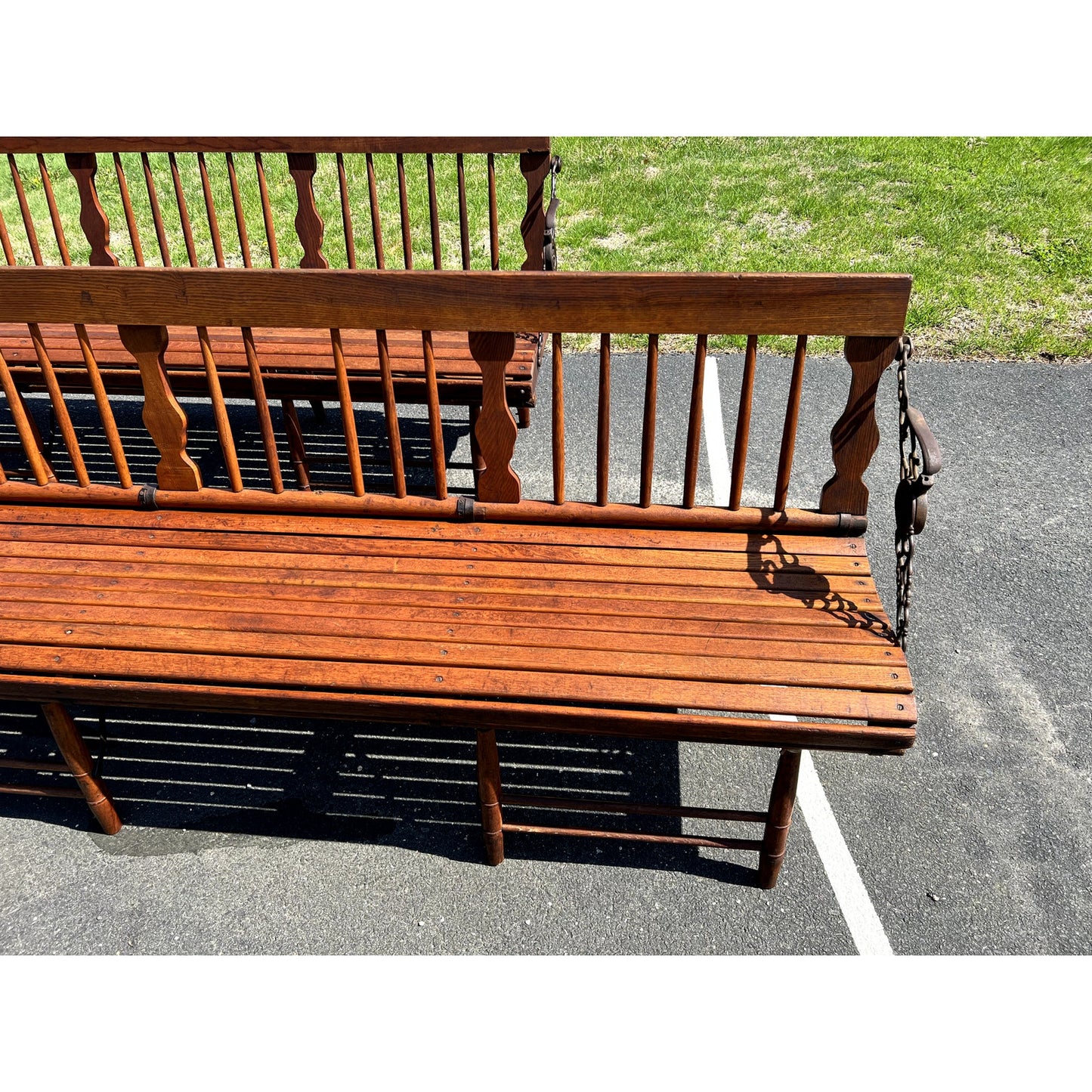 Pair Antique Chestnut Folding Railroad Benches c. Late 19th Century