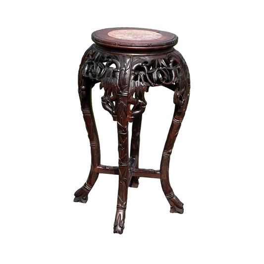 Antique Asian Carved Rosewood Marble Top Plant Stand