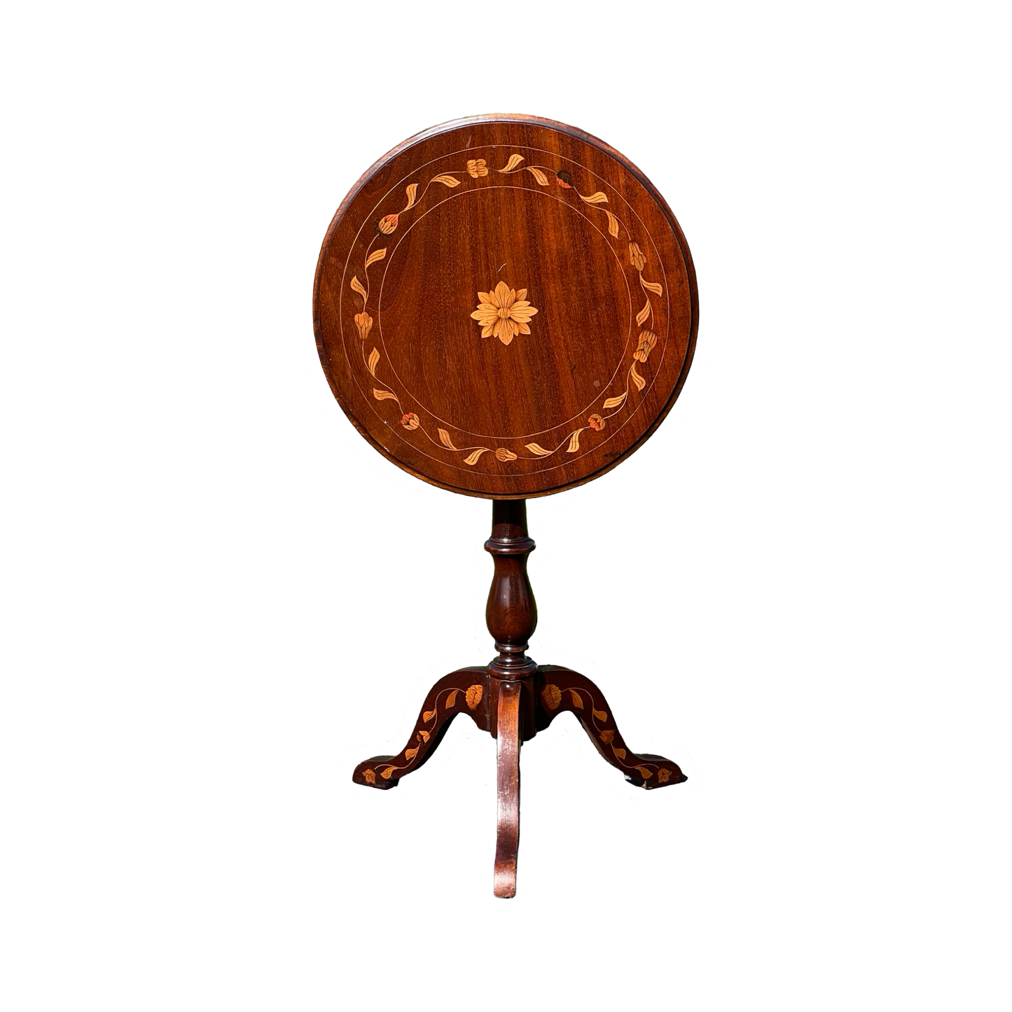 Antique 19th Century Bellflower Inlaid Mahogany Tilt Top Stand