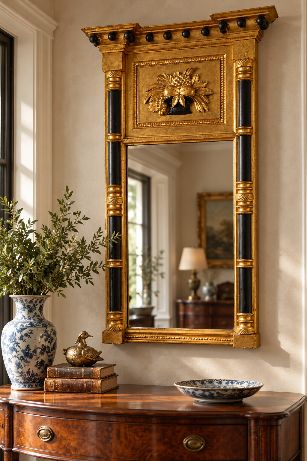 Giltwood and ebonized pier mirror above an antique chest with blue-and-white porcelain, books, and a brass duck.