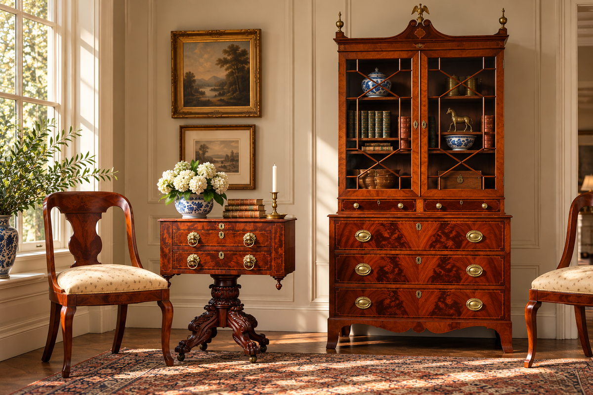 Antique secretary, closed-top work table, and two saber-leg chairs in a sunlit interior.