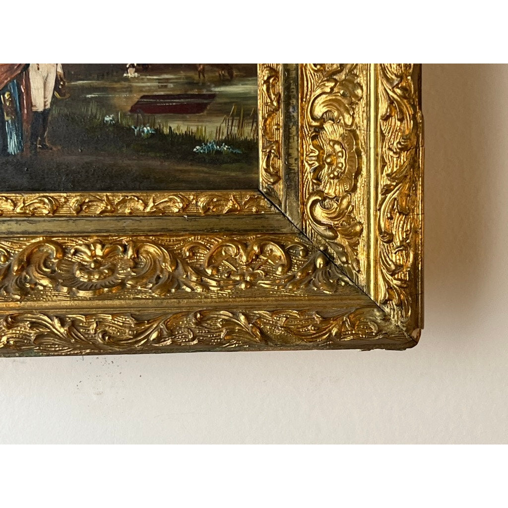 Close-up of the bottom right gilt frame with intricate floral designs, showing part of an antique 19th-century oil painting: "Military Officer Escorting an Old Woman," with a white wall in the background. Brand unknown.