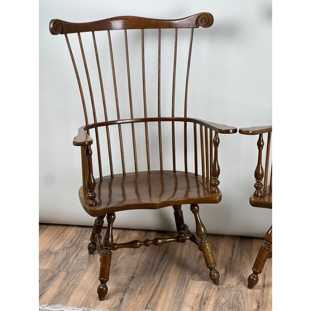 Vintage Stickley Windsor chairs with saddle seats showing light scratches