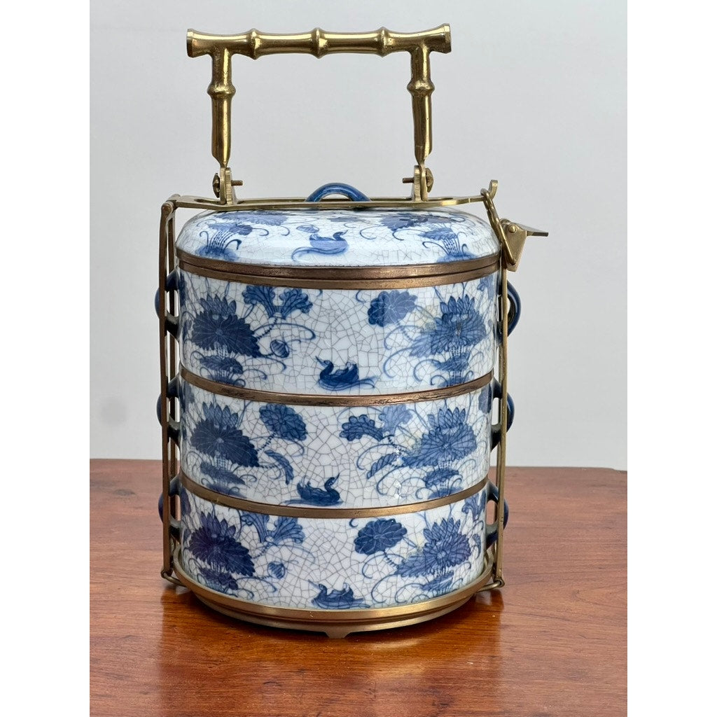 Antique Blue and White Porcelain Three Tier Tiffin Carrier c. Early 20th Century