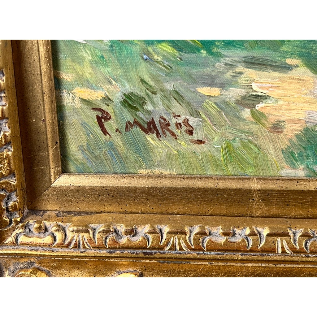 Close-up of the "Vintage Oil on Canvas Impressionist Painting of Summer Coastal Scene Signed P. Maris," featuring a gold ornate frame and visible red signature in the lower left corner, with vibrant green and yellow brushstrokes. Brand: Unknown.