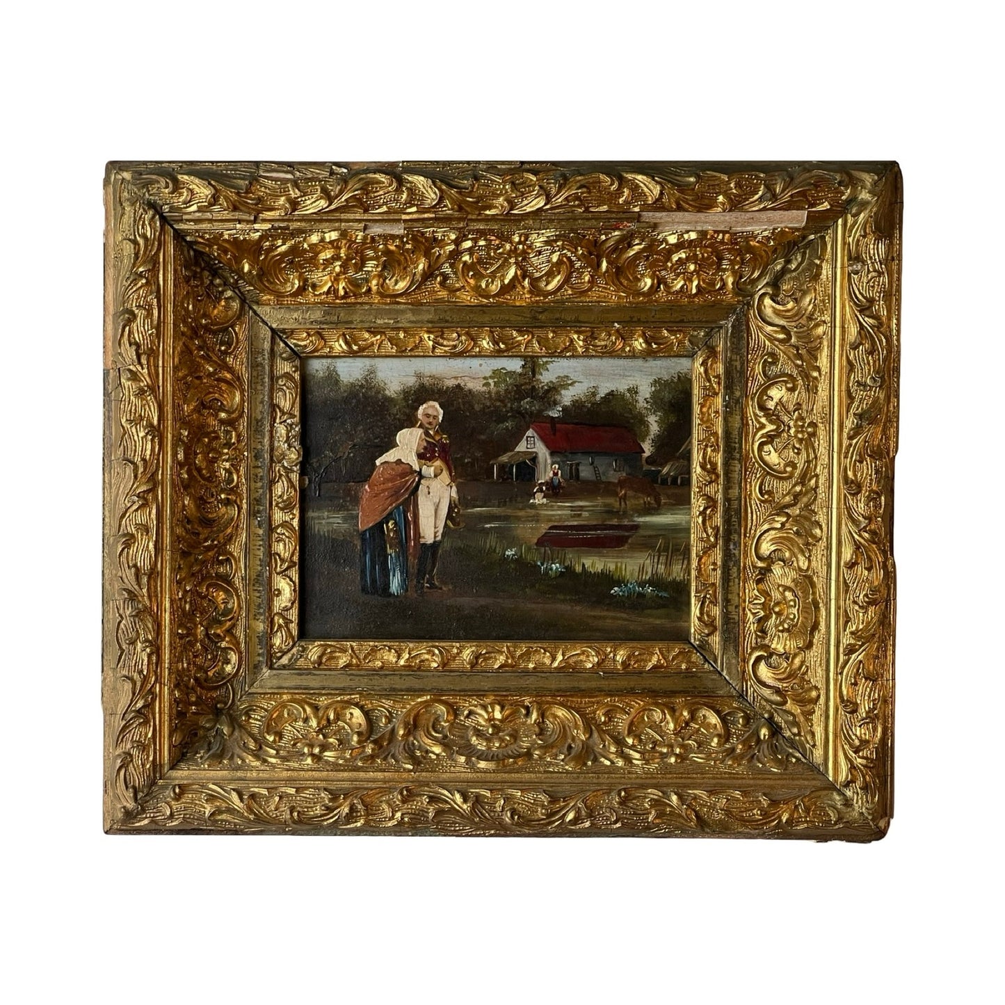 An antique 19th-century oil on canvas painting depicts a military officer escorting an old woman. This small format artwork features fine detail and is presented in an ornate gilt frame. Brand: None/Unknown.