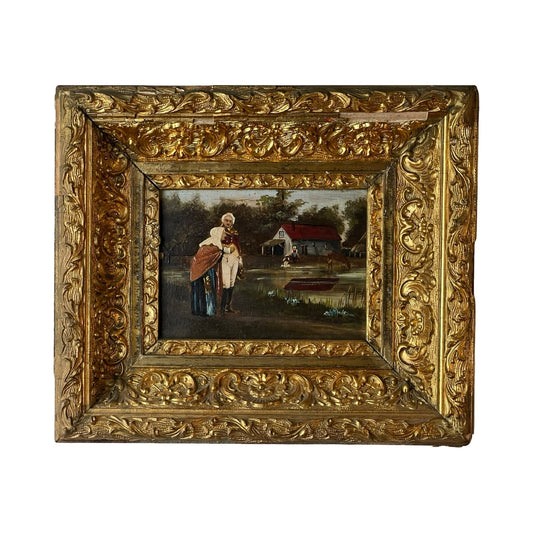 An antique 19th-century oil on canvas painting depicts a military officer escorting an old woman. This small format artwork features fine detail and is presented in an ornate gilt frame. Brand: None/Unknown.