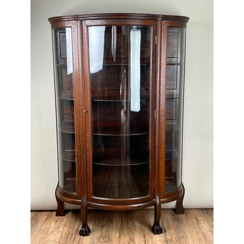 Antique Victorian Tiger Oak Paw Foot China Cabinet c. 1900