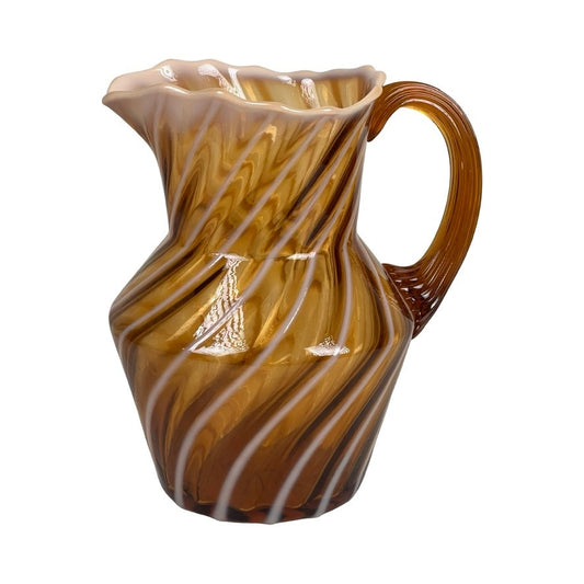Vintage Fenton Autumn Gold Opalescent Glass Spiral Pattern Pitcher with a twisted design, white swirled accents, curved handle, and scalloped rim. This collectible is shown on a plain white background. Brand: Unknown.