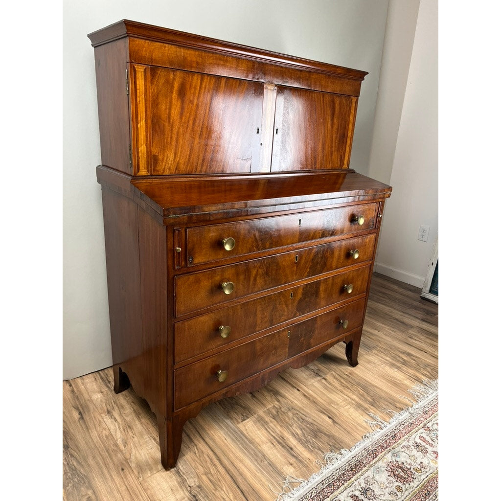 Antique Federal Period Flame Mahogany Blind Door Secretary c. Early 19th Century