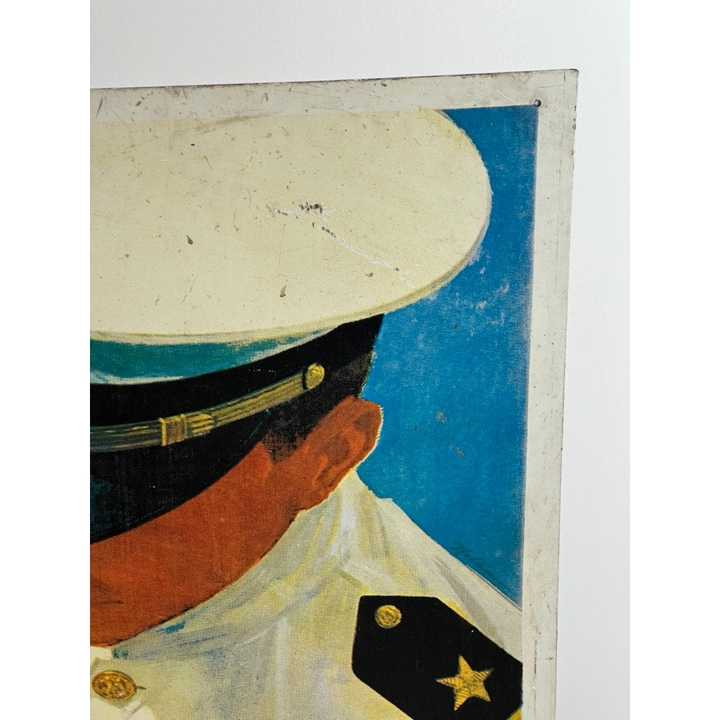 A cropped painting inspired by the Vietnam Era features the head and shoulders of a figure in a white uniform with gold details, referencing artist Lou Nolan’s original double-sided U.S. Navy recruiting tin sign for USS Saratoga.
