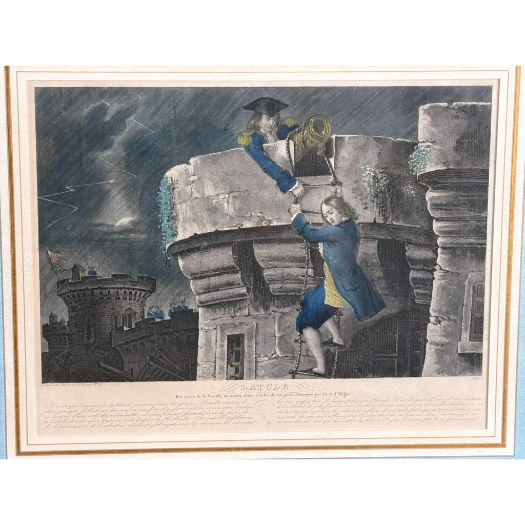 Set of Four French Hand-Colored Engravings Depicting the Life of Latude, Published by Dopter, Paris, Early 19th Century