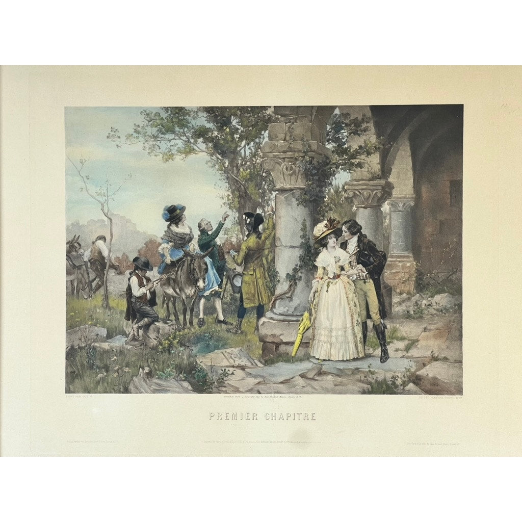 The Antique Goupil Photogravure “Premier Chapitre” after François-Edmond Outin, Paris, 1897, depicts 18th-century couples near ancient ruins—two couples interact as others, including one on horseback, observe the elegant scene.