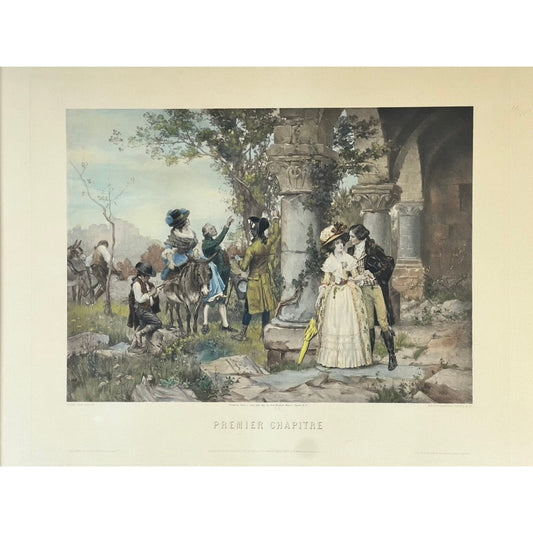 An Antique Goupil photogravure titled “Premier Chapitre” after François-Edmond Outin, Paris, 1897, from Pearl City Antiques depicts a romantic outdoor scene with people in 18th-century attire: a couple embracing beside stone ruins, groups in conversation, an individual seated on a donkey, and two men observing from afar.