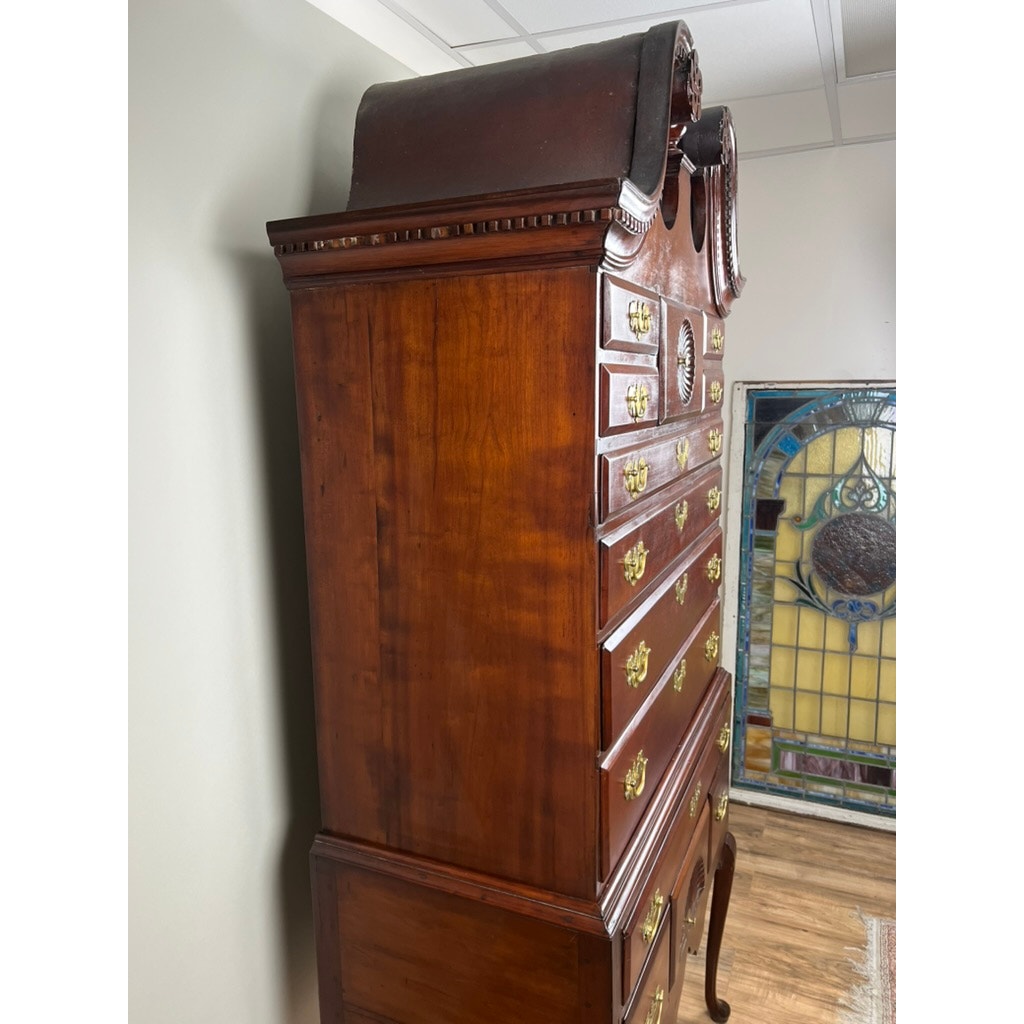 Antique Chippendale Cherry Highboy with Broken Swans Neck Pediment c. Late 18th Century