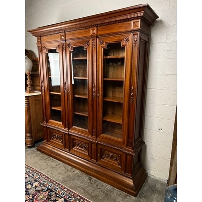 Antique Monumental French Renaissance Revival Solid Walnut Glass Door Bookcase c. Early 20th C.