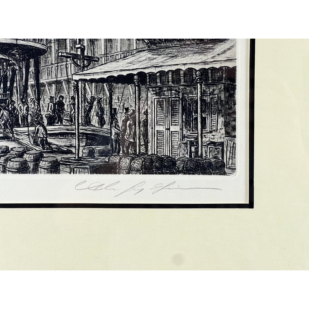 The framed etching “Steamboat Robert E. Lee” by Alan Jay Gaines depicts a lively market with barrels, people, and wooden structures, and features the artist’s pencil signature on the lower border. Brand: None/Unknown.
