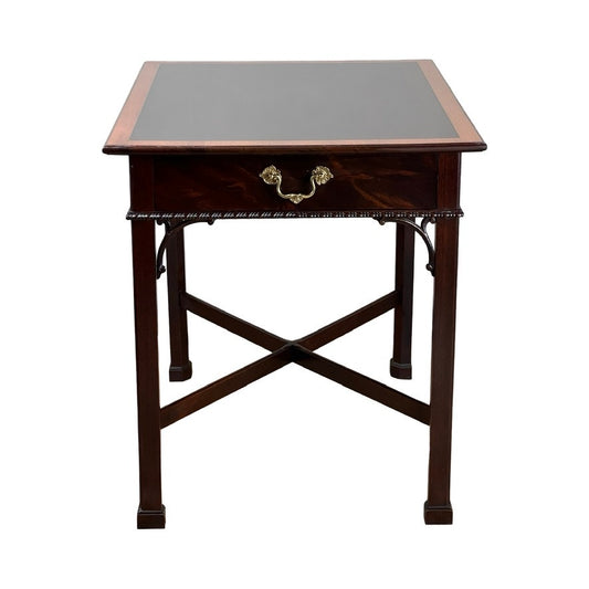 The Vintage Federal Style X Stretcher One Drawer End Table by Stickley features a dark square wooden top, single drawer with brass handle, and straight legs joined by an X stretcher—perfect as a charming Federal style end table.