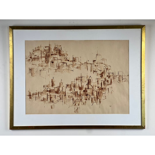 Experience urban modernism with the Walter Kamys “Assissi” (1955), an original ink on paper artwork signed lower right and offered by Pearl City Antiques. This piece features a loosely outlined, clustered cityscape rendered in expressive brown tones on beige paper, presented in an elegant gold and white matte frame. The layered architectural forms evoke the dynamic style typical of Kamys’ work, enhanced by a gallery label en verso for authenticity.