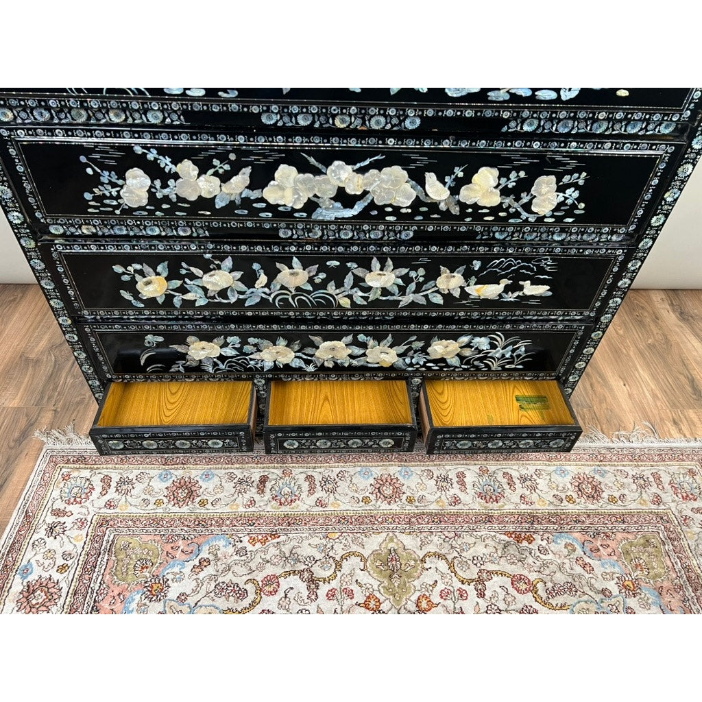 Vintage Korean Black Lacquer and Abalone Shell Inlaid Chest