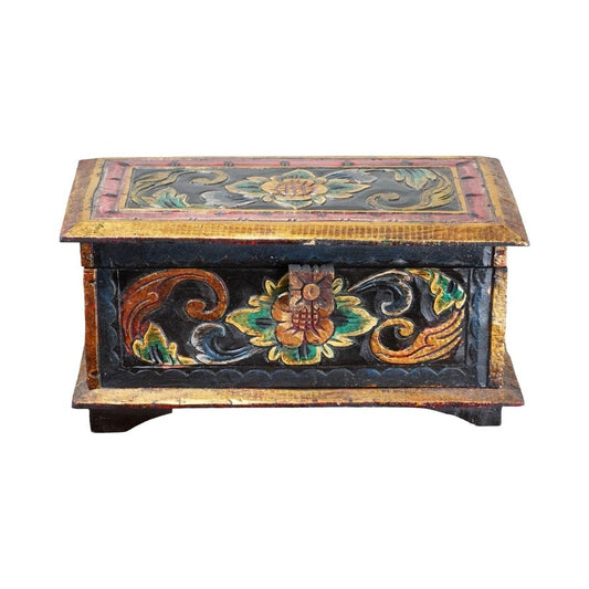 Vintage Indonesian Albacia Wood Carved Painted Box Made in Bali