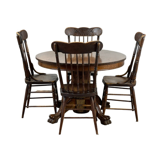 Antique Solid Oak Paw Foot Kitchen Table with Four Chairs c. 1900