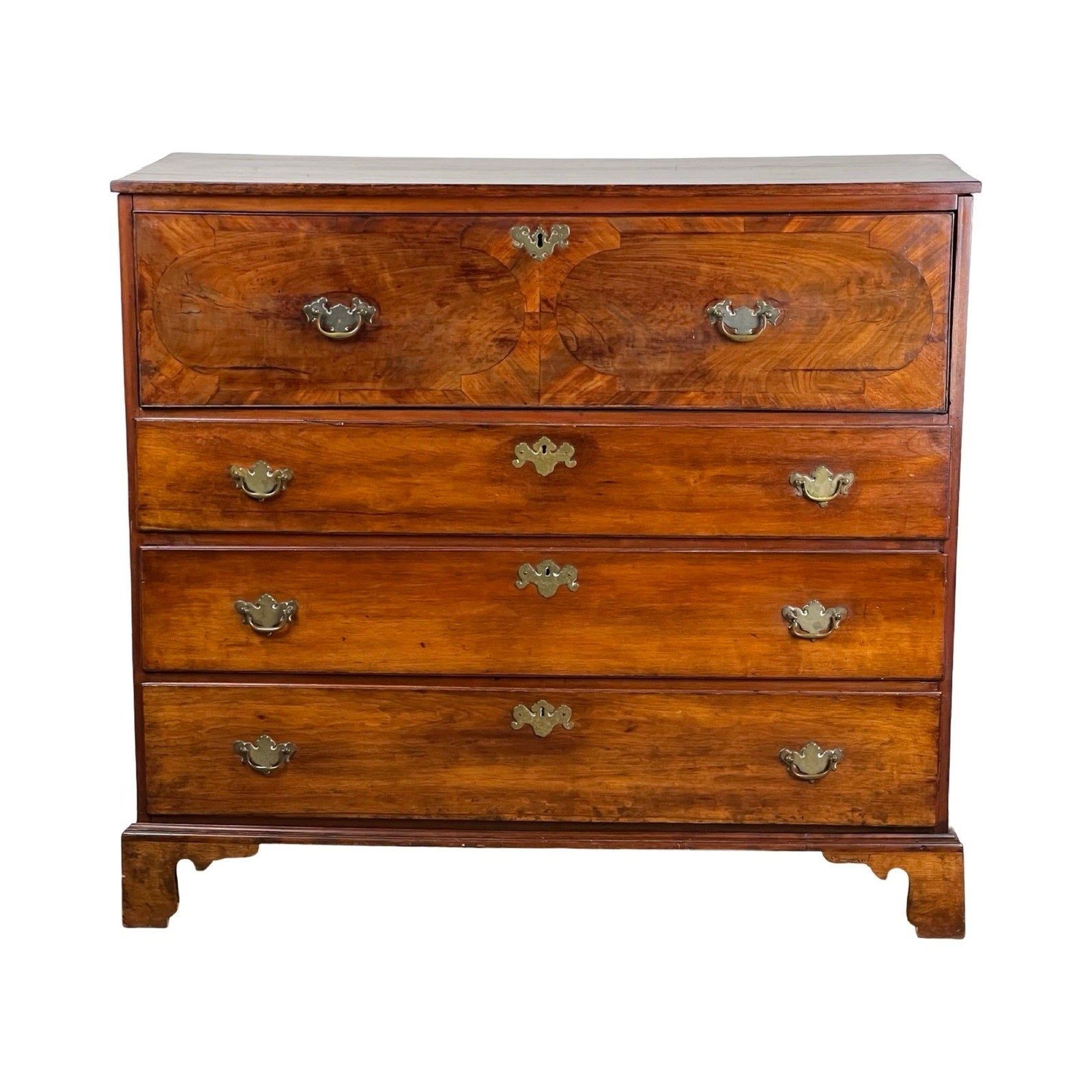 An Antique George IV Butlers Secretary from the early 19th century, featuring four drawers with brass handles, decorative wood grain, classic polished finish, and short bracket feet. Brand: None or unknown.